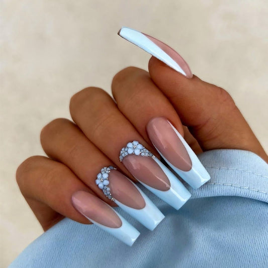 Elegant Charm Extra Long Coffin White French Tip Press On Nails with Rhinestone Accents