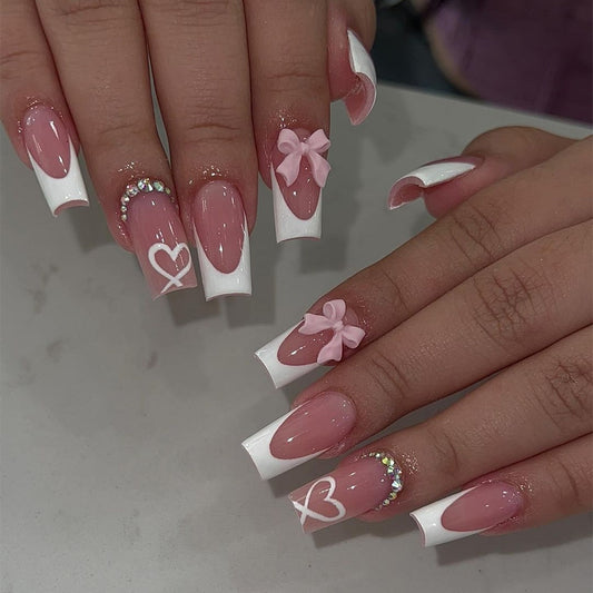 Enchanted Elegance Long Square Pink and White Press On Nail Set with Rhinestones and Bows