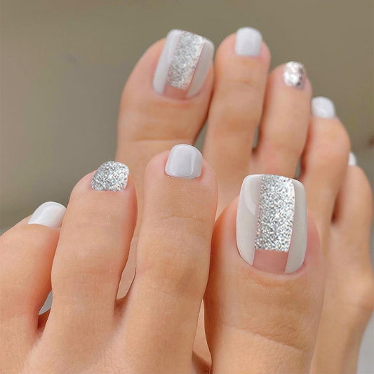 Elegant Sparkle Medium Square White Press on Nail Set with Glitter Accent