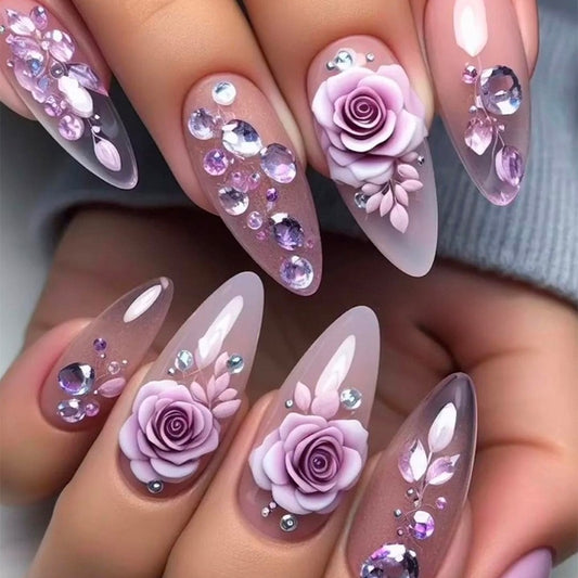Romantic Garden Long Almond Lavender Floral Press On Nail Set with Rhinestone Accents