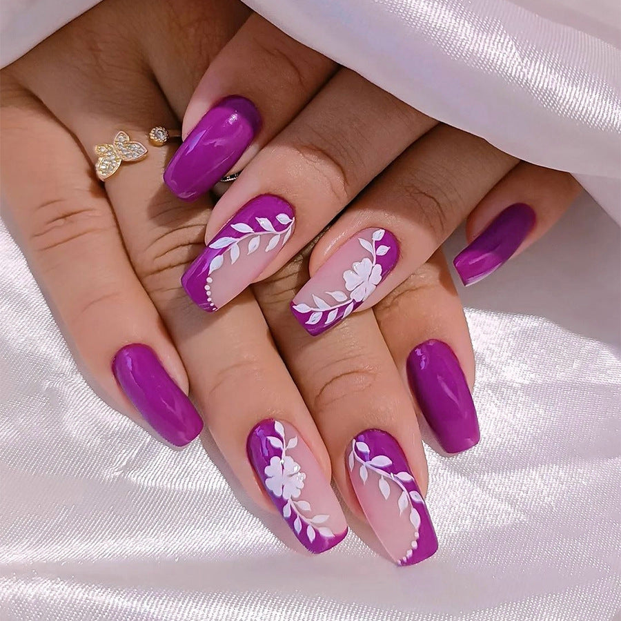 Vibrant Floral Garden Long Coffin Purple Press On Nail Set with Elegant White Accents
