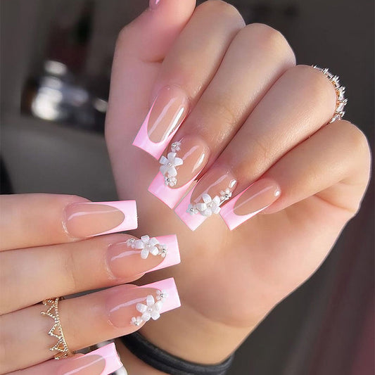Elegant Bouquet Medium Square Pink Press On Nail Set with Rhinestone Accents