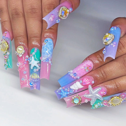 Mermaid Fantasy Long Coffin Shape Pastel Pink and Blue Press On Nail Set with 3D Ocean Charms