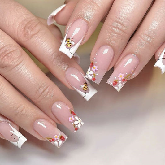 Bee Inspired Long Square Pink Floral Press On Nail Set with Unique Honeybee Designs
