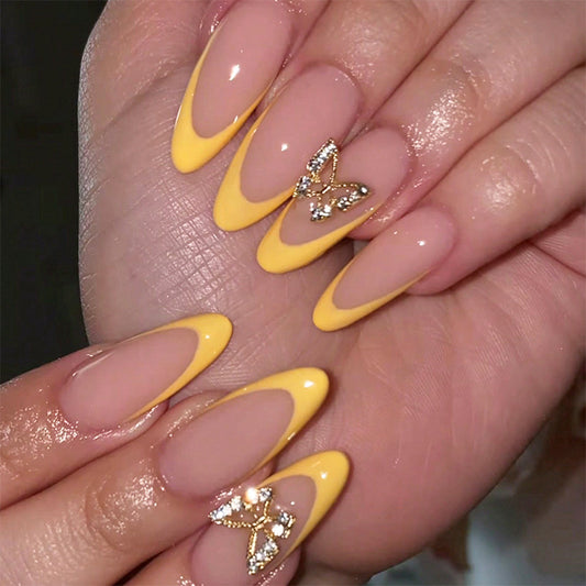 Sunny Delight Medium Almond Yellow Press on Nail Set with Sparkling Butterfly Accent