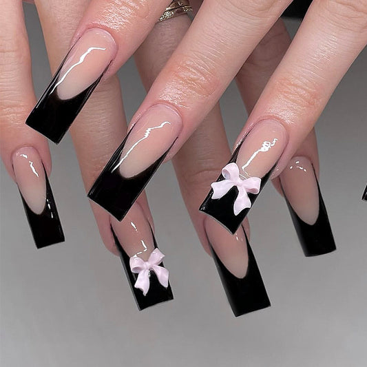 Midnight Elegance Long Square Black Press On Nails with Glossy Finish and Pink Bow Accents