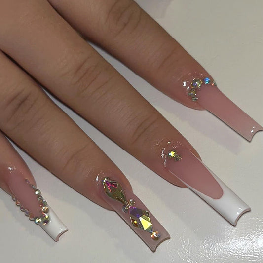 Elegant Bridal Extra Long Coffin Pink Press On Nail Set with Rhinestone Embellishments