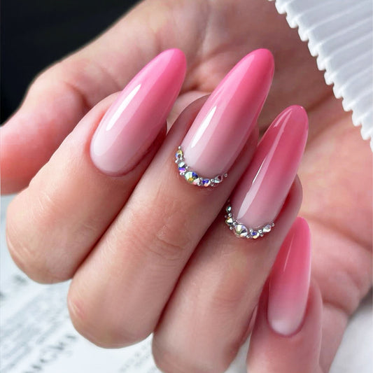 Glamorous Rose Pink Almond Press On Nail Set Long Ombre with Dazzling Crystal Accent
