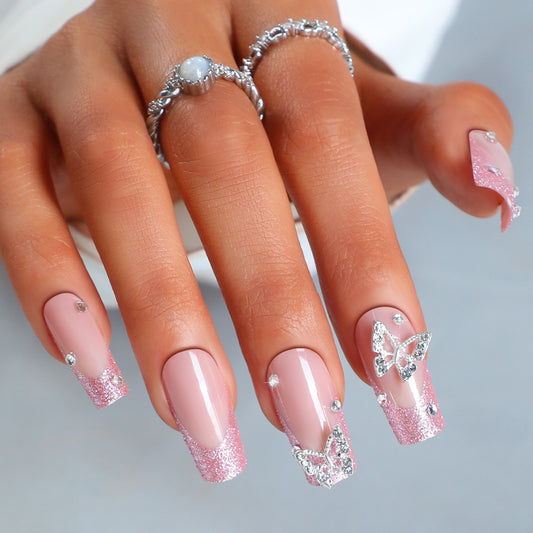Butterfly Kisses Long Coffin Pink Glitter Accented Press On Nail Set with Rhinestone Embellishments