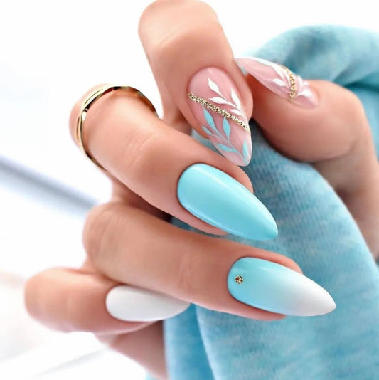 Ocean Dreams Medium Stiletto Sky Blue and White Press On Nail Set with Rhinestone Accents