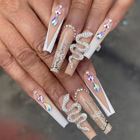 Glamorous Elegance Long Coffin Beige and White Press on Nail Set with Sparkling Rhinestone Snake Design