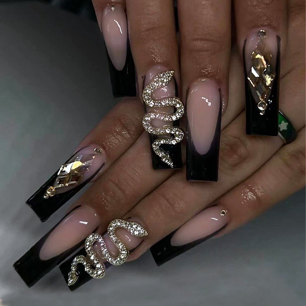 Elegant Serpent Glamour Long Square Black and Beige Press On Nails with Sparkling Snake Accents