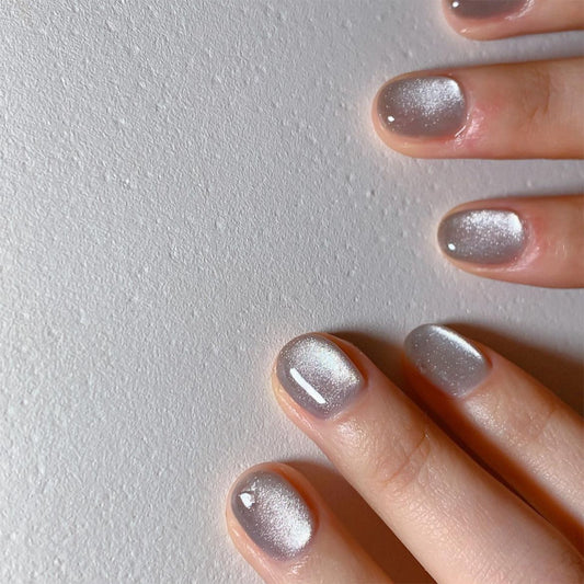 Celestial Glow Oval Press On Nail Set Short Gray Ombre Nails with Shimmering Finish
