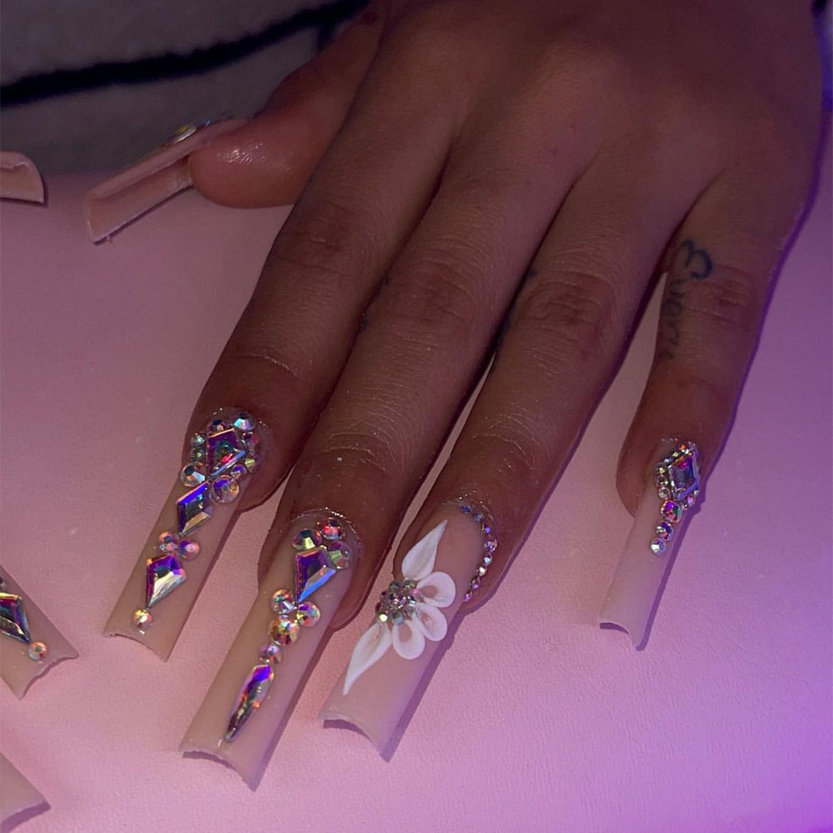 Luminous Fantasy Short Square Translucent with Holographic Crystals and Floral Design Press On Nail Set