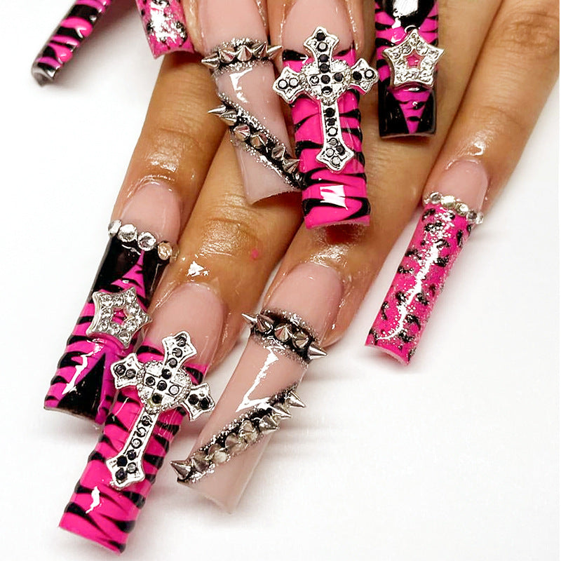 Glamorous Rock Chic Long Square Pink Zebra Print Press On Nail Set with Studded Cross and Gemstone Accents