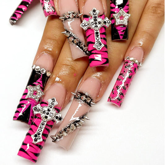 Glamorous Rock Chic Long Square Pink Zebra Print Press On Nail Set with Studded Cross and Gemstone Accents