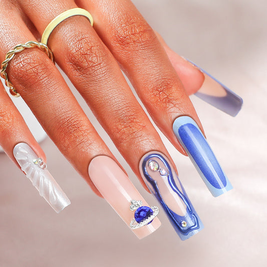 Celestial Dream Extra Long Coffin Shape Blue Ombre Press On Nail Set with Unique Pearl and Gemstone Accents