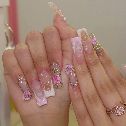 Romantic Blossom Long Square Pink Press On Nail Set with Floral Designs and Pearl Accents