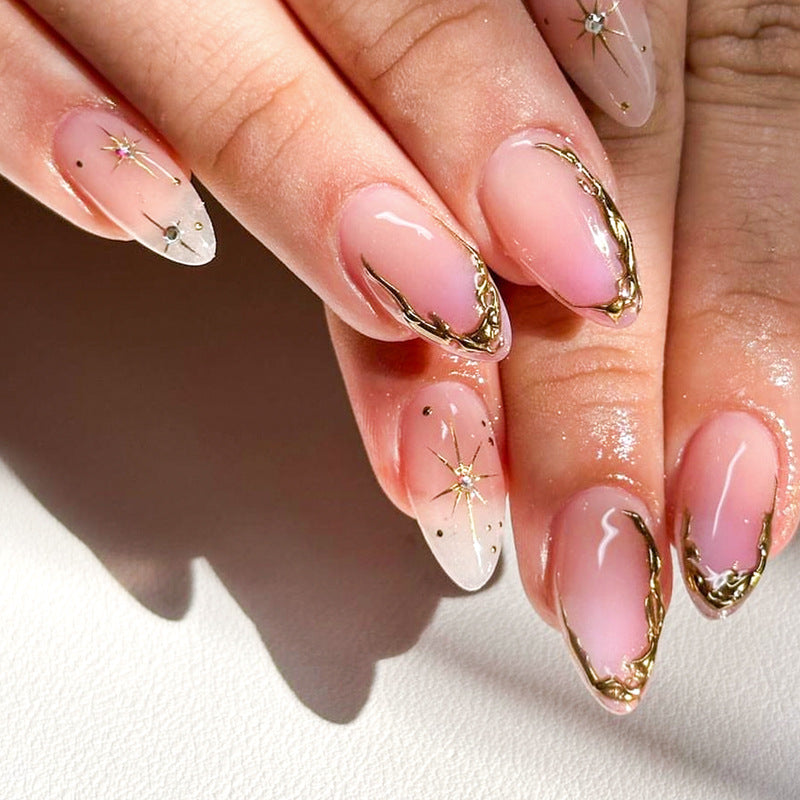 Celestial Elegance Long Almond Ombre Pink and Clear Press On Nail Set with Gold Star Design