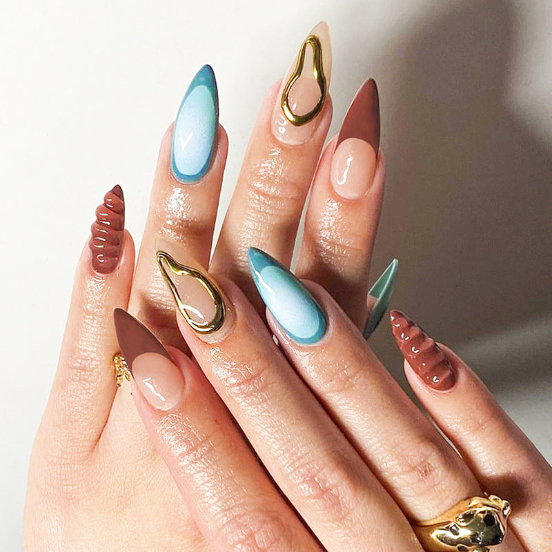 Bohemian Elegance Extra-Long Stiletto Press-On Nail Set, Multicolor with Gold Accent Swirls