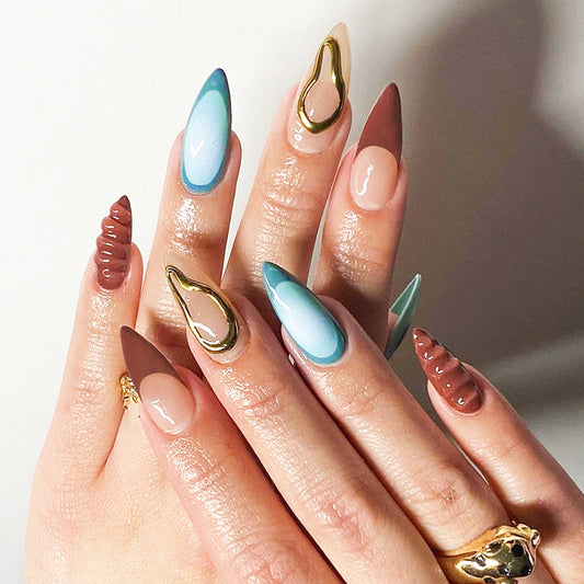 Bohemian Elegance Extra-Long Stiletto Press-On Nail Set, Multicolor with Gold Accent Swirls