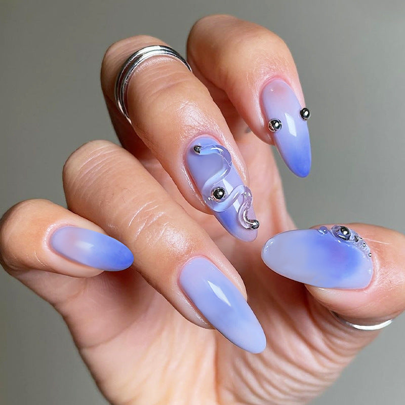Dreamy Ocean Vibes Long Almond Lavender Press On Nails with Unique Wave Designs and Metallic Accents
