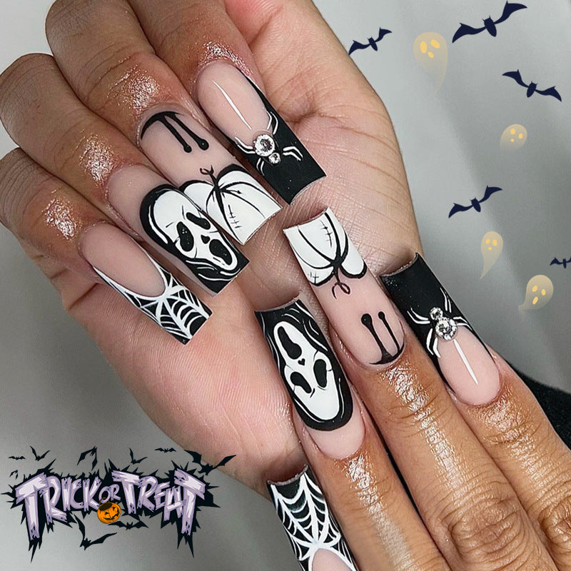 Spooktacular Long Square Black And White Halloween Press On Nail Set With Web And Spider Design