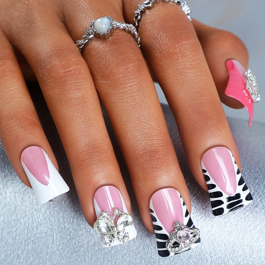 Glamorous Safari Inspired Long Duck Pink Black and White Press On Nail Set Featuring Butterfly and Crown Accents