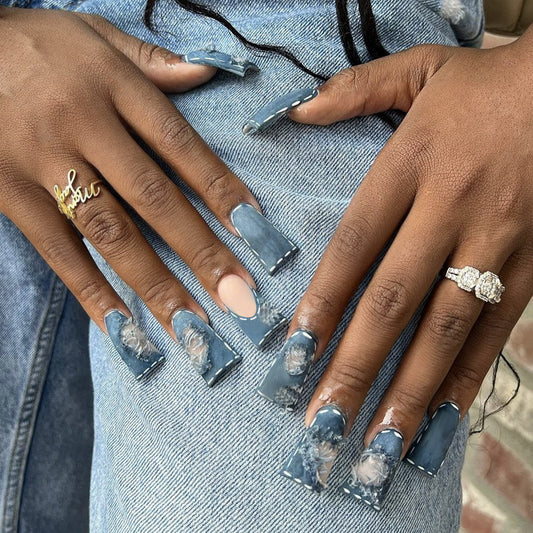 Denim Dreams Extra Long Duck Blue Marble Press On Nail Set with Textured Finish