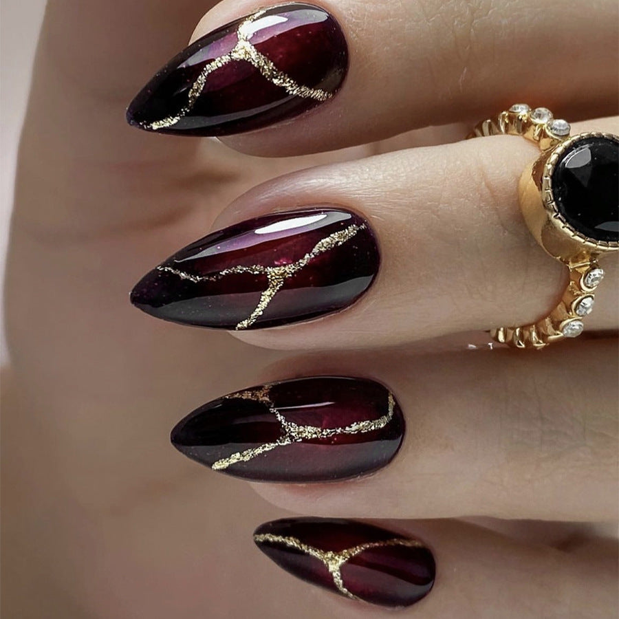 Elegant Soirée Long Almond Burgundy Press-On Nail Set with Gold Flake Accents