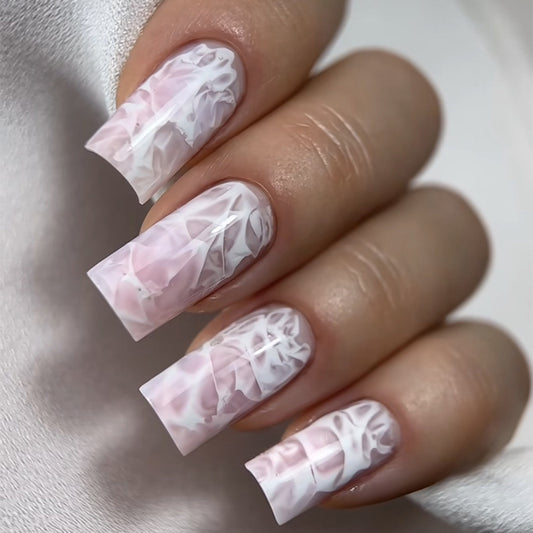 Chic Marble Design Long Square Press On Nail Set in Soft Pink and White with Unique Cloud Effect
