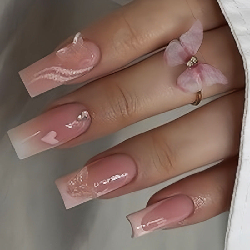 Whimsical Blossom Pink Short Square Press On Nail Set with Floral Accent