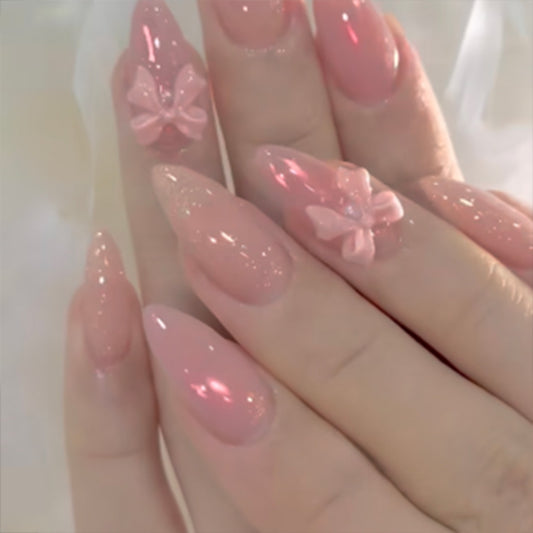 Dreamy Butterfly Garden Long Stiletto Pink Press On Nail Set with Glitter and Bow Accents