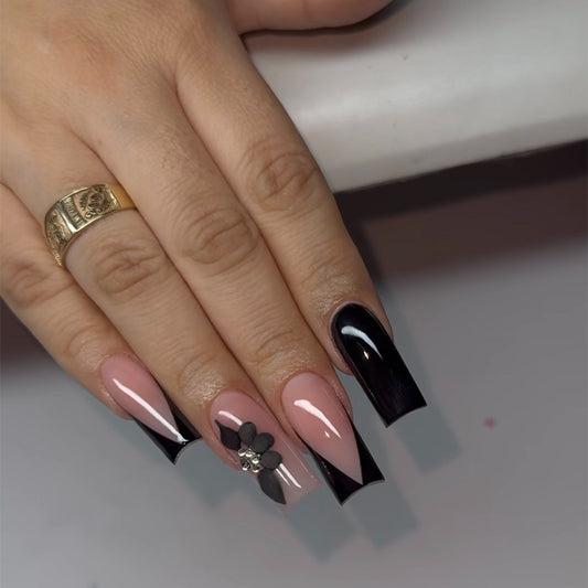 Sophisticated Contrast Long Square Beige and Black with Floral Accent Press On Nail Set