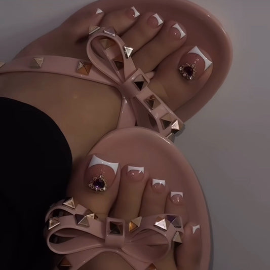 Glamorous Summer Celebration Short Square Pink Press On Nail Set with White Tips and Rhinestone Accent