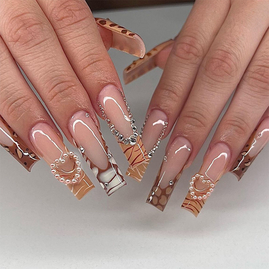 Giraffe Print Glam Square Press On Long Nails Beige and Brown with Pearl Accents