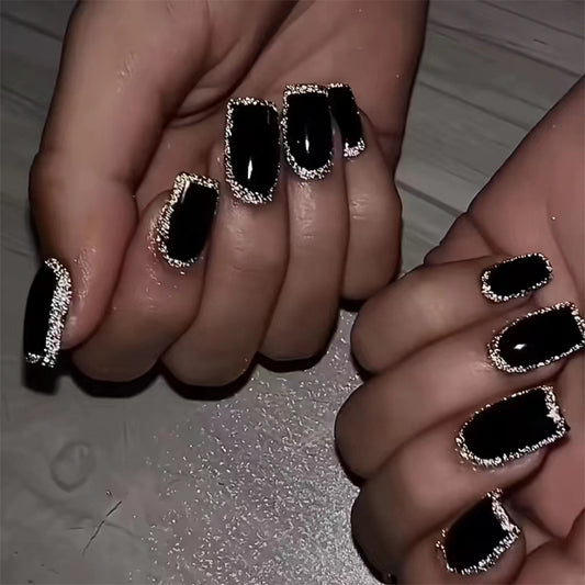 Midnight Elegance Medium Square Jet Black with Glitter Outline Press On Nail Set