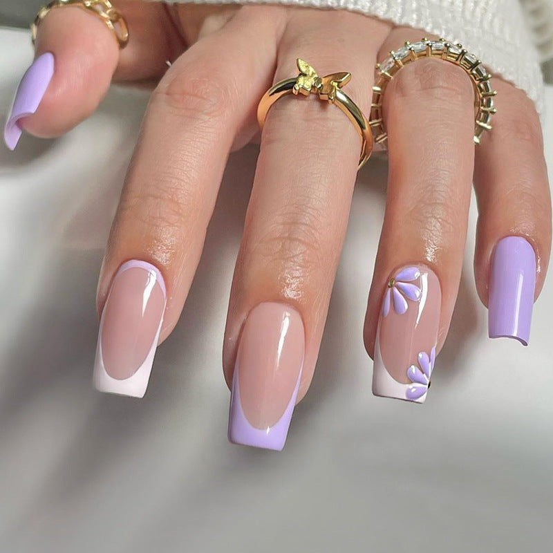 Whimsical Lavender Dream Short Square Lavender and Soft Pink with Floral Accents Press On Nail Set