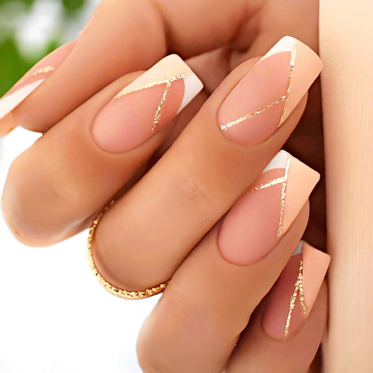 Elegant Affair Long Square Peach Press On Nail Set with Gold Glitter Accents