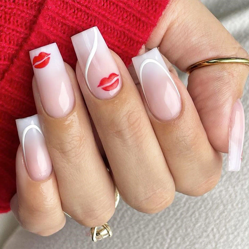 Romantic Kiss Long Coffin Pink Press On Nail Set with Lip Accent Design