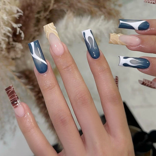 Ocean Elegance Extra Long Coffin Blue and White Swirl Pattern Press On Nail Set