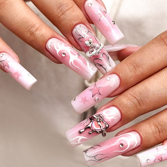Enchanted Elegance Extra-Long Square Pink Press On Nail Set with Rhinestone Accents and Marble Design