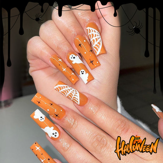 Spooktacular Long Square Shaped Orange Press On Nail Set with Halloween Ghost and Spider Web Designs