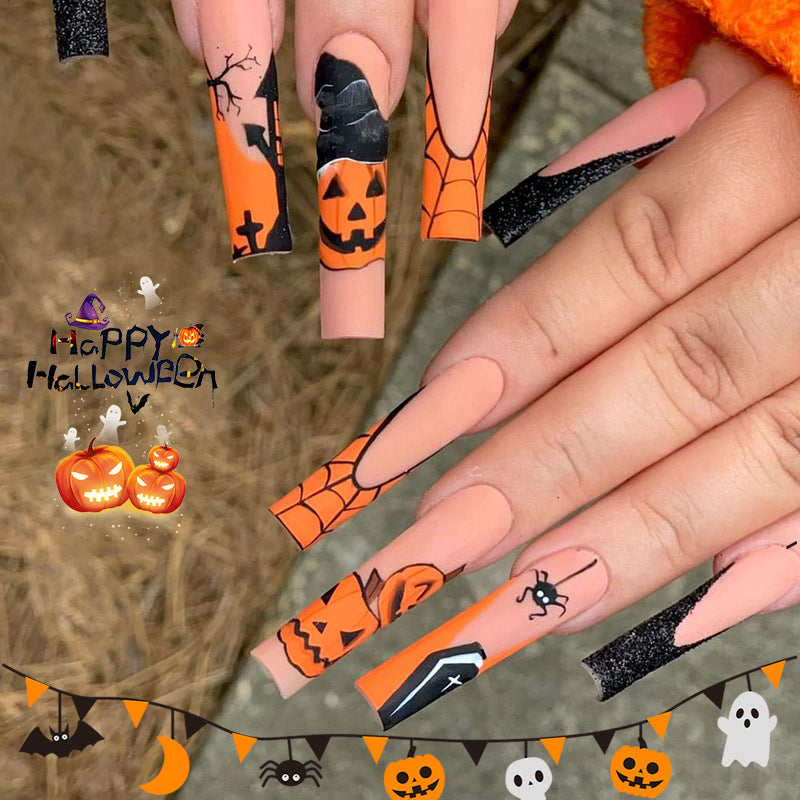 Pumpkin Patch Long Square Shape Beige and Orange Press On Nails with Halloween Spider Web and Jack-o'-Lantern Accents