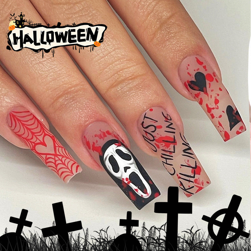 Haunted Horror Long Square Shape Beige And Red Press On Nails With Bloody Scream And Spider Web Accents