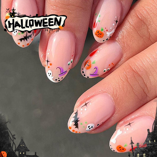 Halloween Spooky Medium Oval Pink Press On Nail Set with Ghosts and Pumpkins Design
