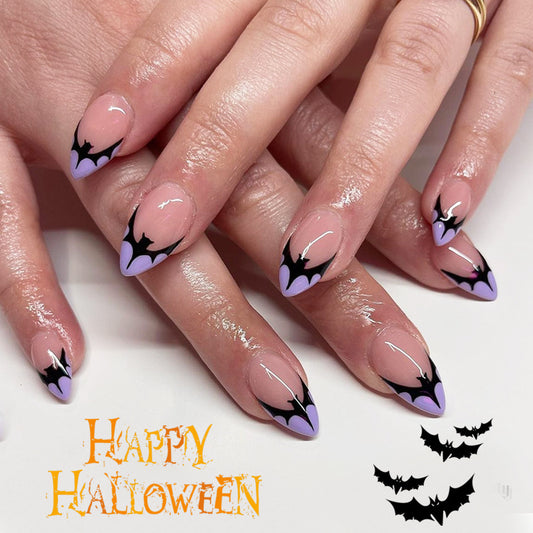Spooky Bat Themed Long Almond Shaped Lavender and Black Press On Nail Set with Halloween Design