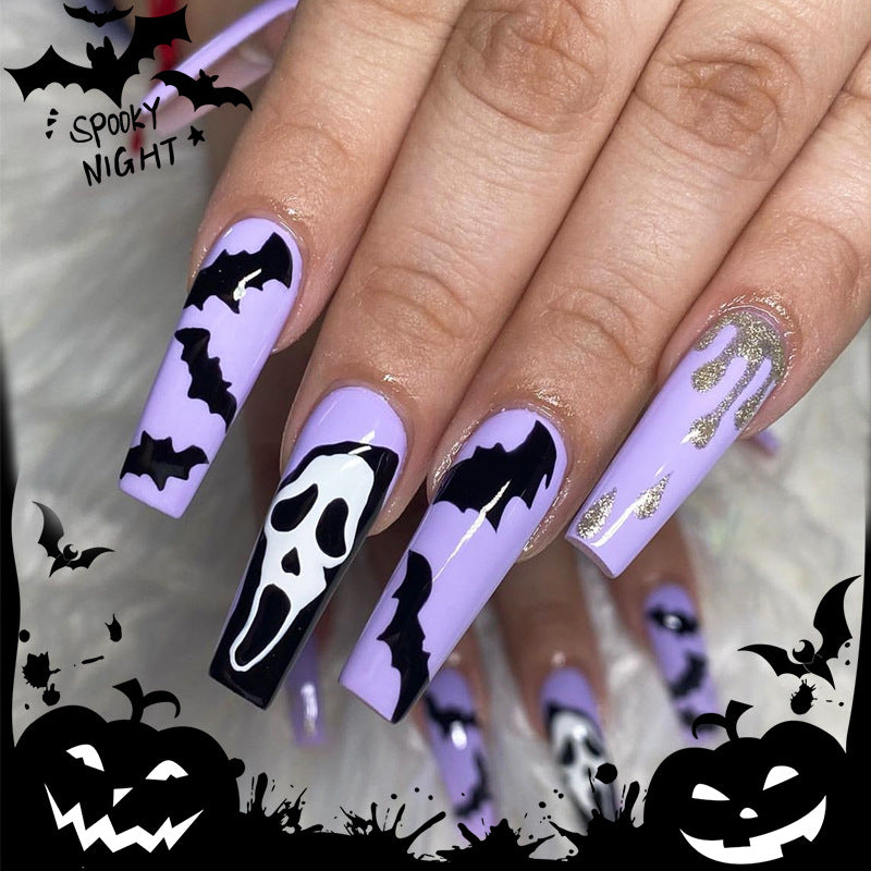 Spooky Night Long Coffin Shaped Lavender Press On Nails With Ghost And Bat Designs