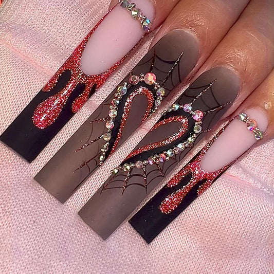 Gothic Glam Long Square Shape Black and Red Glitter Press On Nail Set with Rhinestone Spider Web Design