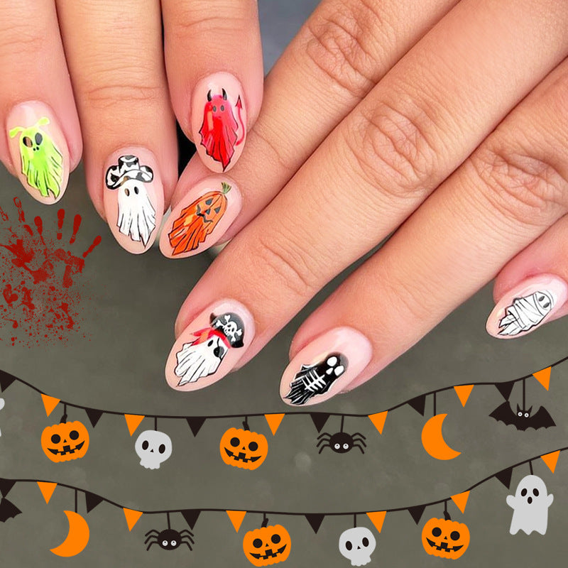 Spooky Halloween Press On Nail Set Medium Oval Orange Green Cute Ghosts and Skeletons Art